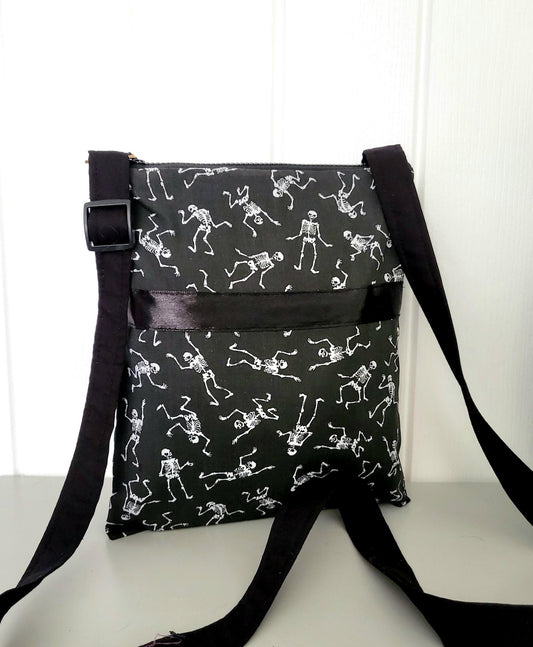 Black & White Skeleton Print Shoulder Crossbody Bag  Fully Lined Zipped Goth Funky Creepy Bones Holiday Travel Festival Gift Handmade BG3