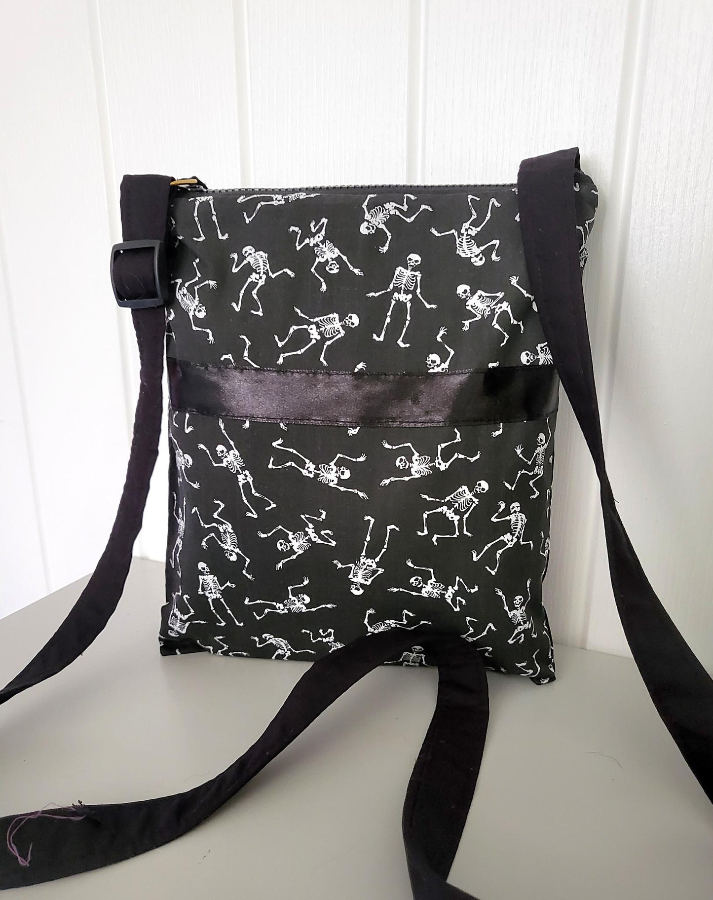 Black & White Skeleton Print Shoulder Crossbody Bag  Fully Lined Zipped Goth Funky Creepy Bones Holiday Travel Festival Gift Handmade BG3