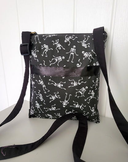 Black & White Skeleton Print Shoulder Crossbody Bag  Fully Lined Zipped Goth Funky Creepy Bones Holiday Travel Festival Gift Handmade BG3