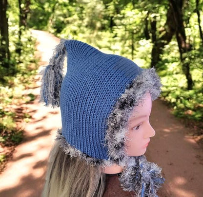 Knitted Forest Bonnet Handmade Pixie Bow Tie Hat Blue With Grey Faux Fur Trim Adult Emo Goth Whimsy Elf Fairy Reenactment Winter Gift HT36