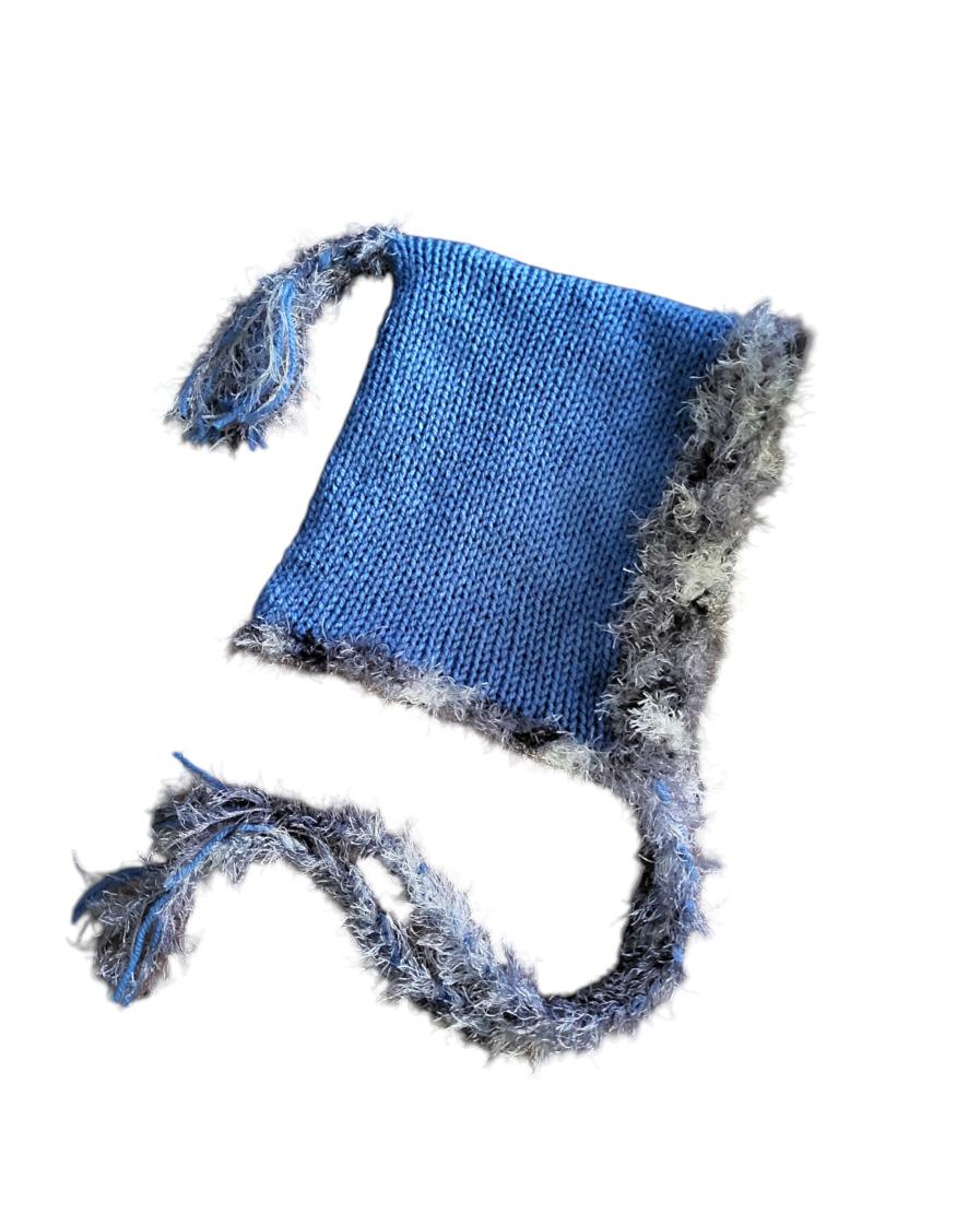Knitted Forest Bonnet Handmade Pixie Bow Tie Hat Blue With Grey Faux Fur Trim Adult Emo Goth Whimsy Elf Fairy Reenactment Winter Gift HT36