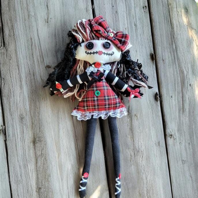 Handmade Gothic Art Doll 16" OOAK Weird Ragdoll Fantasy Creepy Button Eyes Red Green Tartan Plaid Black Collectable Freaky Gift Spooky AD11