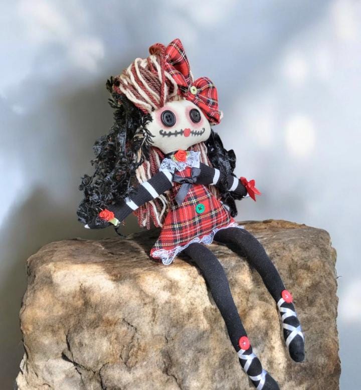 Handmade Gothic Art Doll 16" OOAK Weird Ragdoll Fantasy Creepy Button Eyes Red Green Tartan Plaid Black Collectable Freaky Gift Spooky AD11