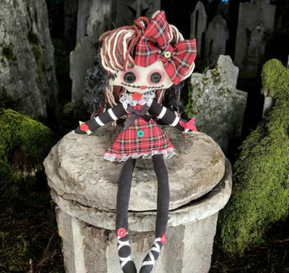 Handmade Gothic Art Doll 16" OOAK Weird Ragdoll Fantasy Creepy Button Eyes Red Green Tartan Plaid Black Collectable Freaky Gift Spooky AD11