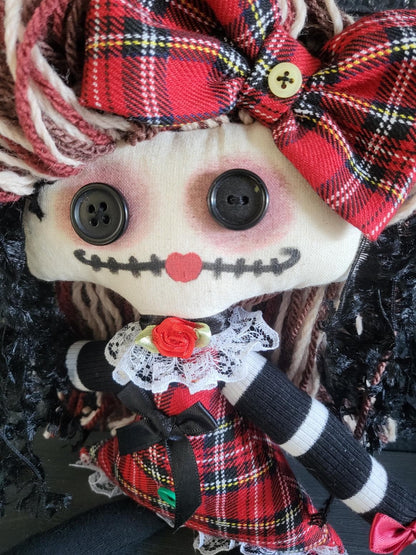 Handmade Gothic Art Doll 16" OOAK Weird Ragdoll Fantasy Creepy Button Eyes Red Green Tartan Plaid Black Collectable Freaky Gift Spooky AD11