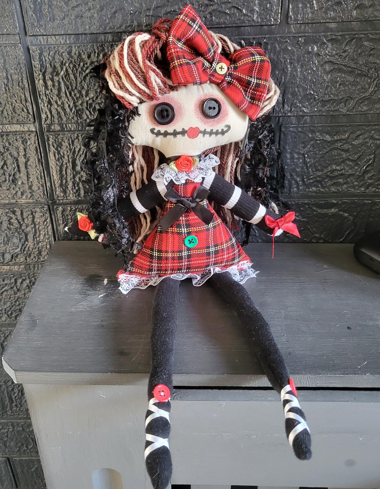 Handmade Gothic Art Doll 16" OOAK Weird Ragdoll Fantasy Creepy Button Eyes Red Green Tartan Plaid Black Collectable Freaky Gift Spooky AD11