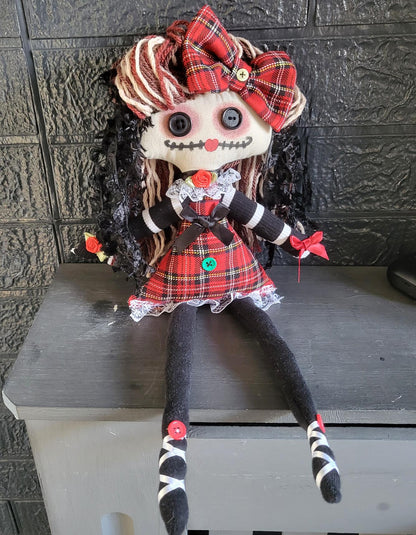Handmade Gothic Art Doll 16" OOAK Weird Ragdoll Fantasy Creepy Button Eyes Red Green Tartan Plaid Black Collectable Freaky Gift Spooky AD11