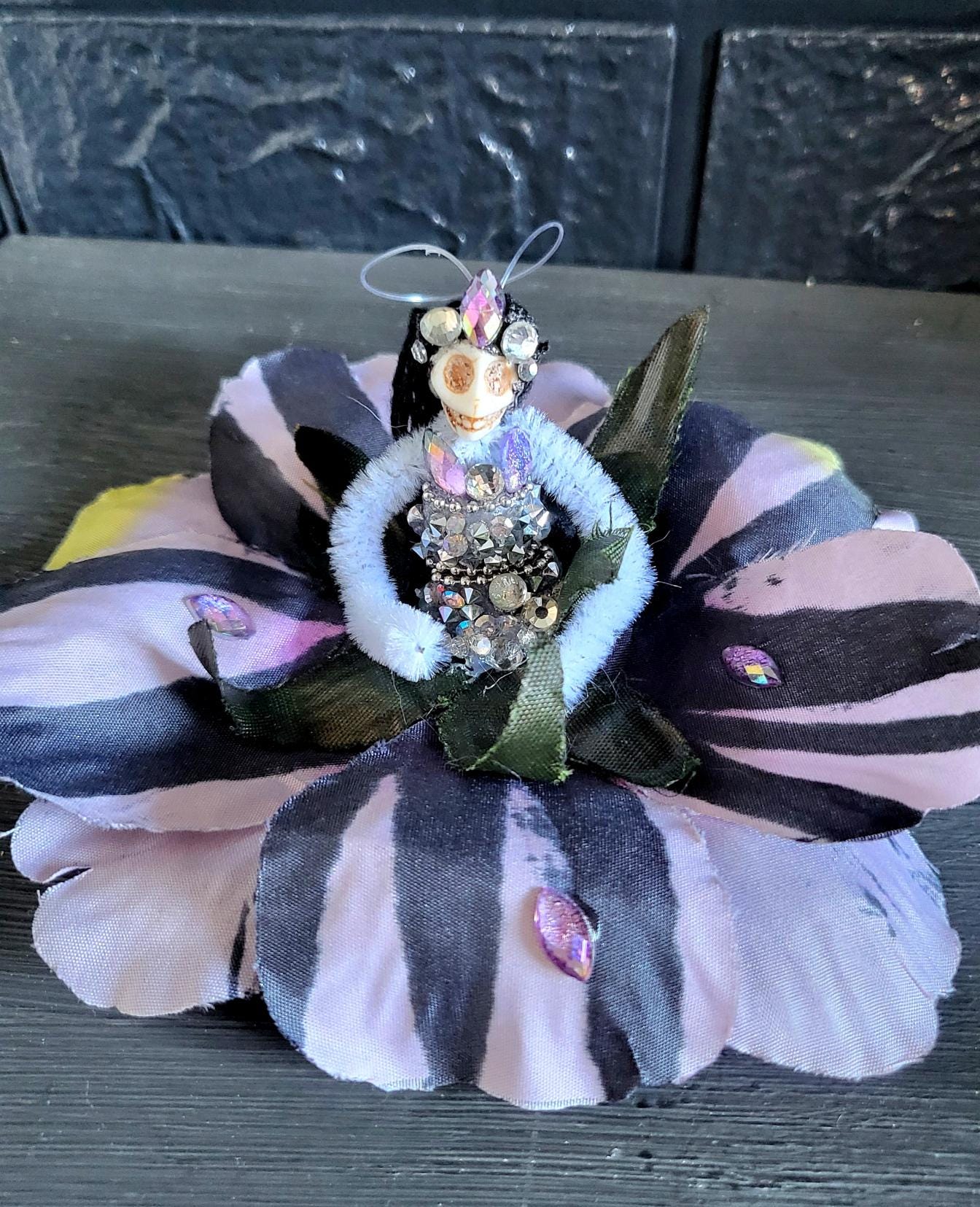 Handmade Creepy Goth Princess Skeleton Christmas Tree Hanging Decoration. OOAK. Skull Diamante Black Feathers Pink Xmas Keepsake Gift DEC2