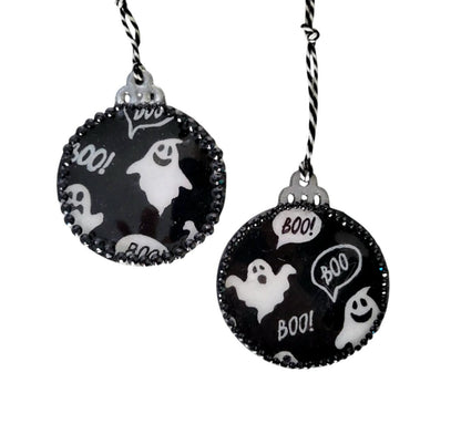 2 x Handmade Black & White Round Christmas Tree Hanging Decorations. OOAK Individually Made Ghosts Boo Halloween Xmas Keepsake Gift DEC4
