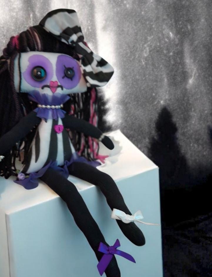 Handmade Gothic Art Doll 17" OOAK Weird Ragdoll Fantasy Creepy Button Eyes Black White Zebra & Purple Collectable Freaky Gift Spooky AD12