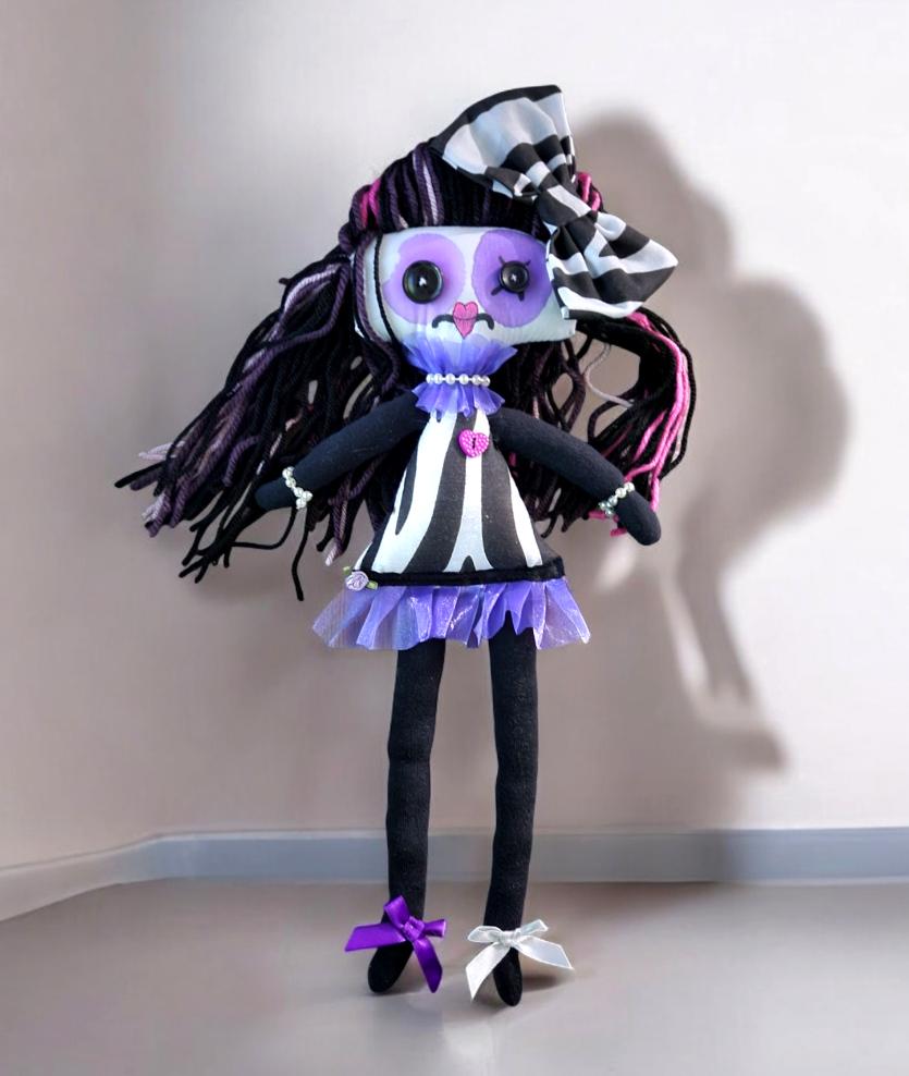 Handmade Gothic Art Doll 17" OOAK Weird Ragdoll Fantasy Creepy Button Eyes Black White Zebra & Purple Collectable Freaky Gift Spooky AD12