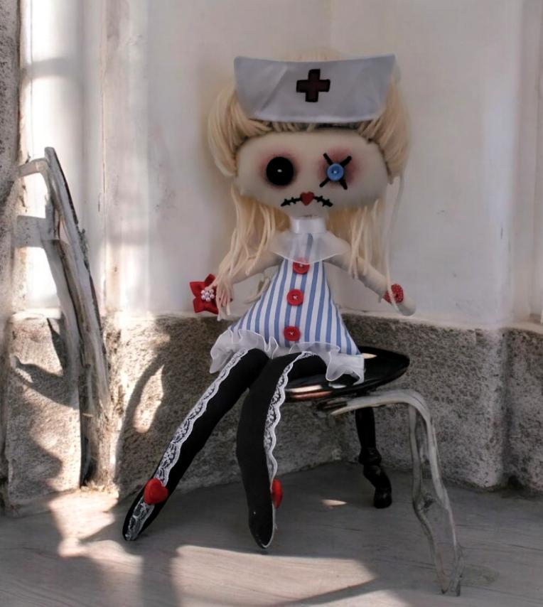 Handmade Gothic Art Doll Creepy Nurse 16" OOAK Weird Ragdoll Fantasy Button Eyes Blue White Red Collectable Freaky Gift Spooky AD13