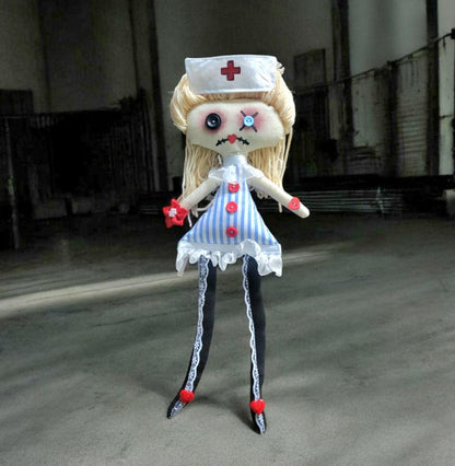 Handmade Gothic Art Doll Creepy Nurse 16" OOAK Weird Ragdoll Fantasy Button Eyes Blue White Red Collectable Freaky Gift Spooky AD13