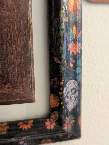 8 x 10 wall hanging portrait picture photo frame Découpaged Mexican sugar skulls Home decor Colourful Flowers, Black Skelton birds bats