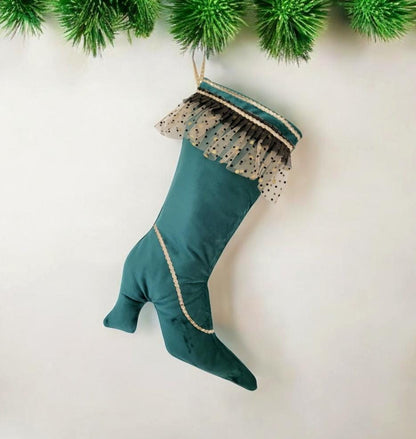 Green Velvet Stiletto Christmas Stocking, Holiday Decor (14 Inch)