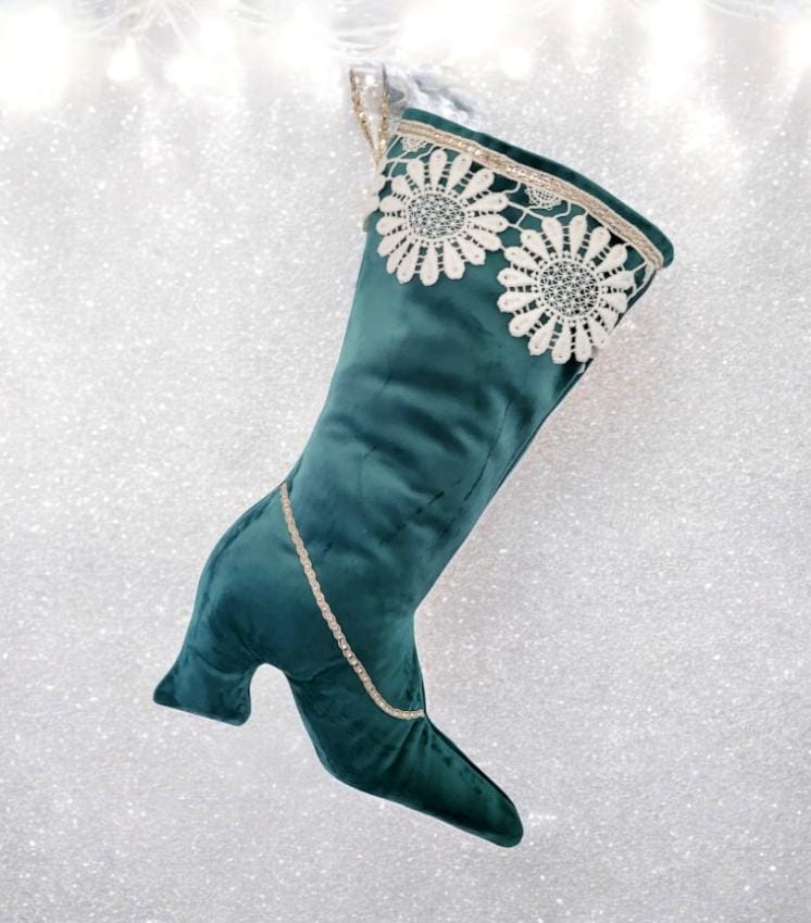Green Velvet Stiletto Christmas Stocking, Lace Holiday Decor