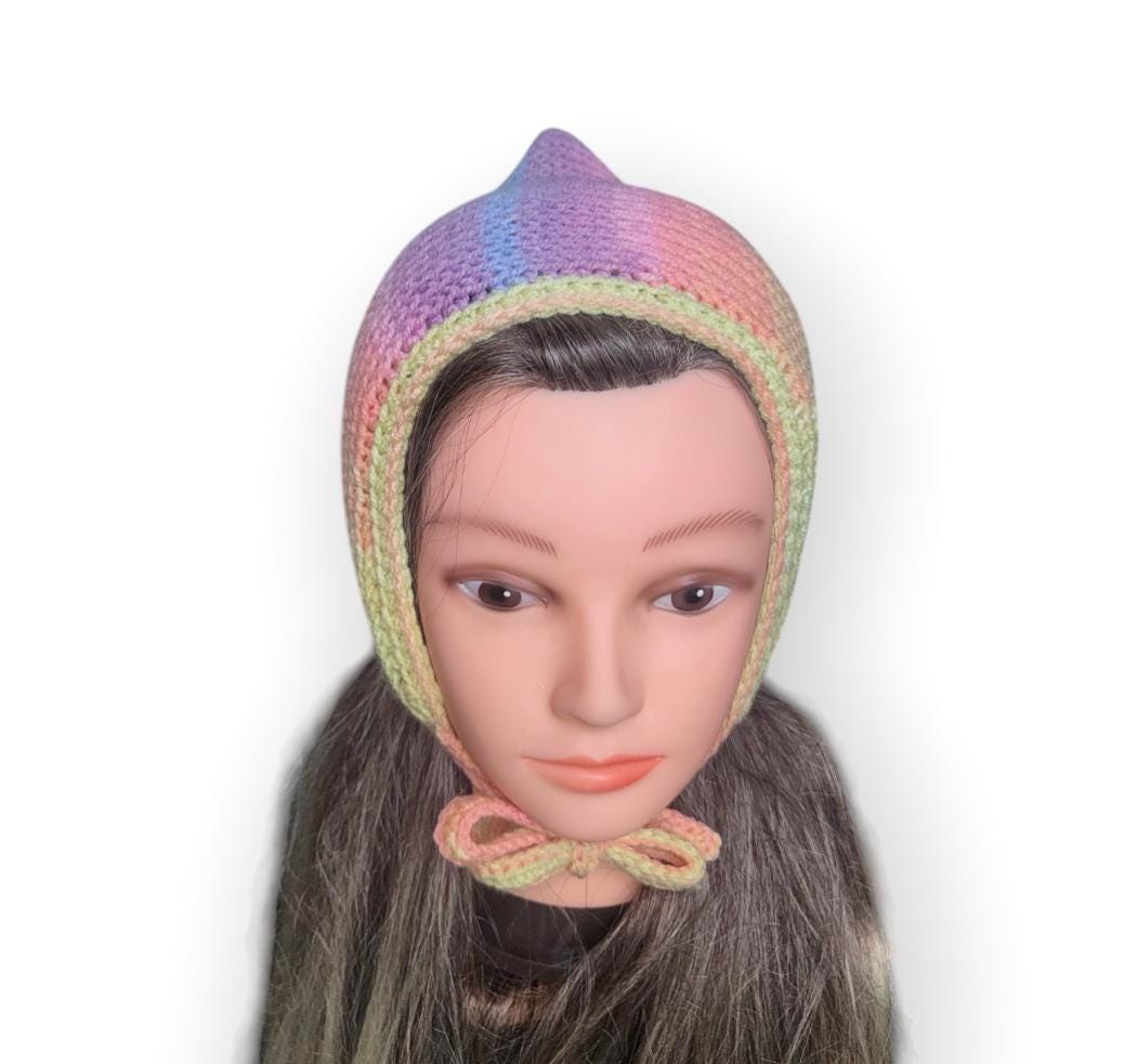Knitted Woodland Forest Pixie Hat Child Bonnet Emo Goth Whimsy Pastel Rainbow Pink Blue Elf Fairy Girl 7 - 12 Year Old Winter Gift HT32