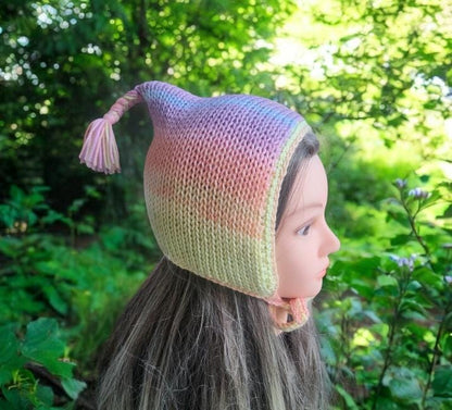 Knitted Woodland Forest Pixie Hat Child Bonnet Emo Goth Whimsy Pastel Rainbow Pink Blue Elf Fairy Girl 7 - 12 Year Old Winter Gift HT32