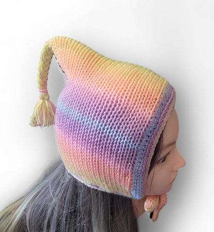 Knitted Forest Bonnet Handmade Pixie Bow Tie Hat Pastel Rainbow Pink Blue Green Adult Emo Goth Whimsy Elf Fairy Reenactment Winter Gift HT33