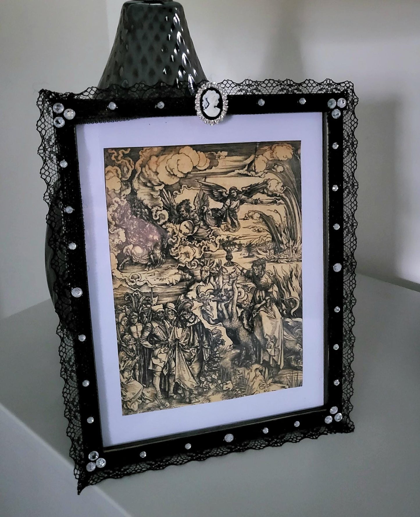 Picture Photo Frame OOAK Handpainted Black Lace Covered With Cameo & Diamontes 7"x 9" Gothic Decor Homes Interiors Great Gift PF5