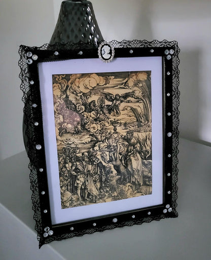 Picture Photo Frame OOAK Handpainted Black Lace Covered With Cameo & Diamontes 7"x 9" Gothic Decor Homes Interiors Great Gift PF5
