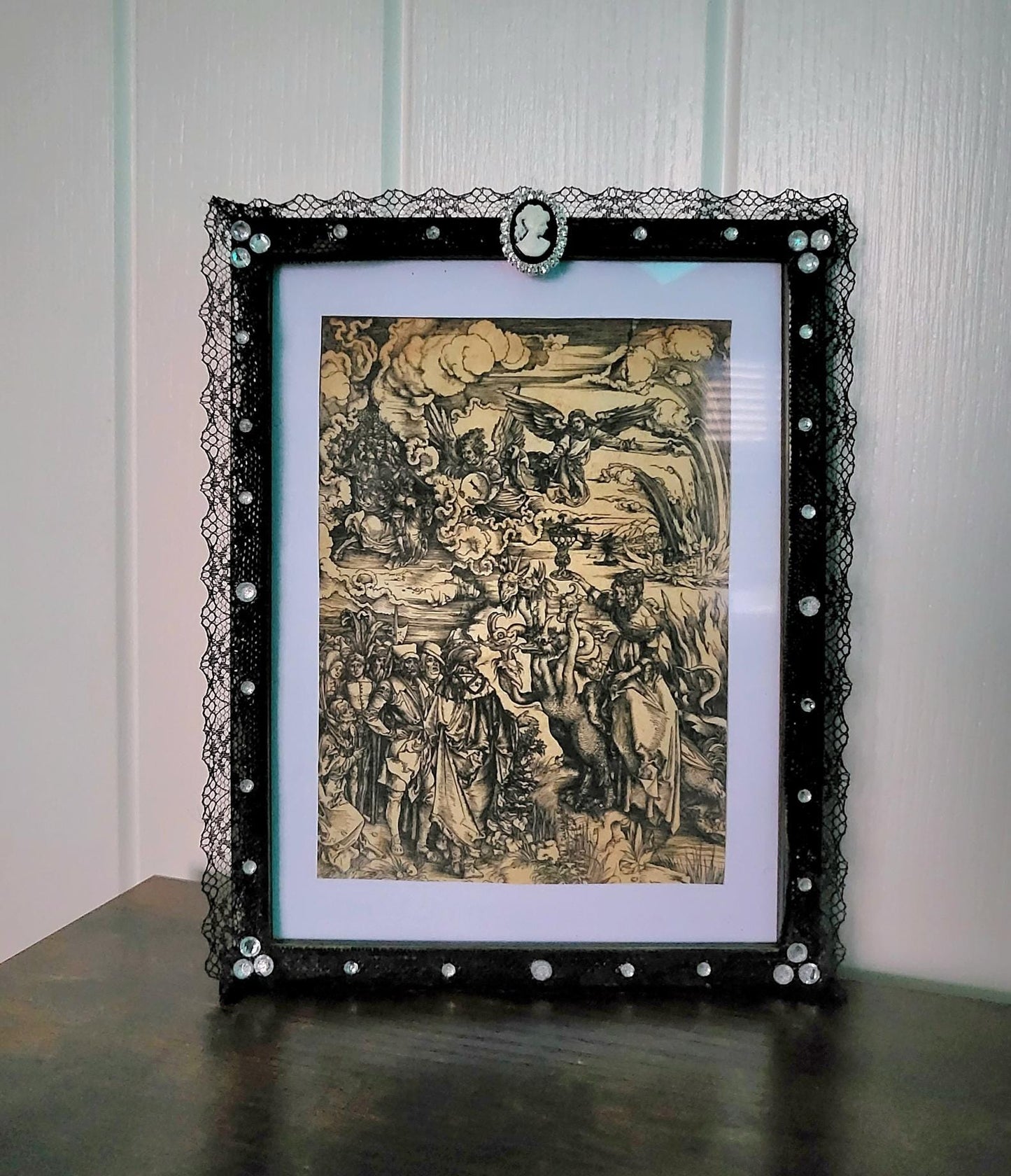 Picture Photo Frame OOAK Handpainted Black Lace Covered With Cameo & Diamontes 7"x 9" Gothic Decor Homes Interiors Great Gift PF5