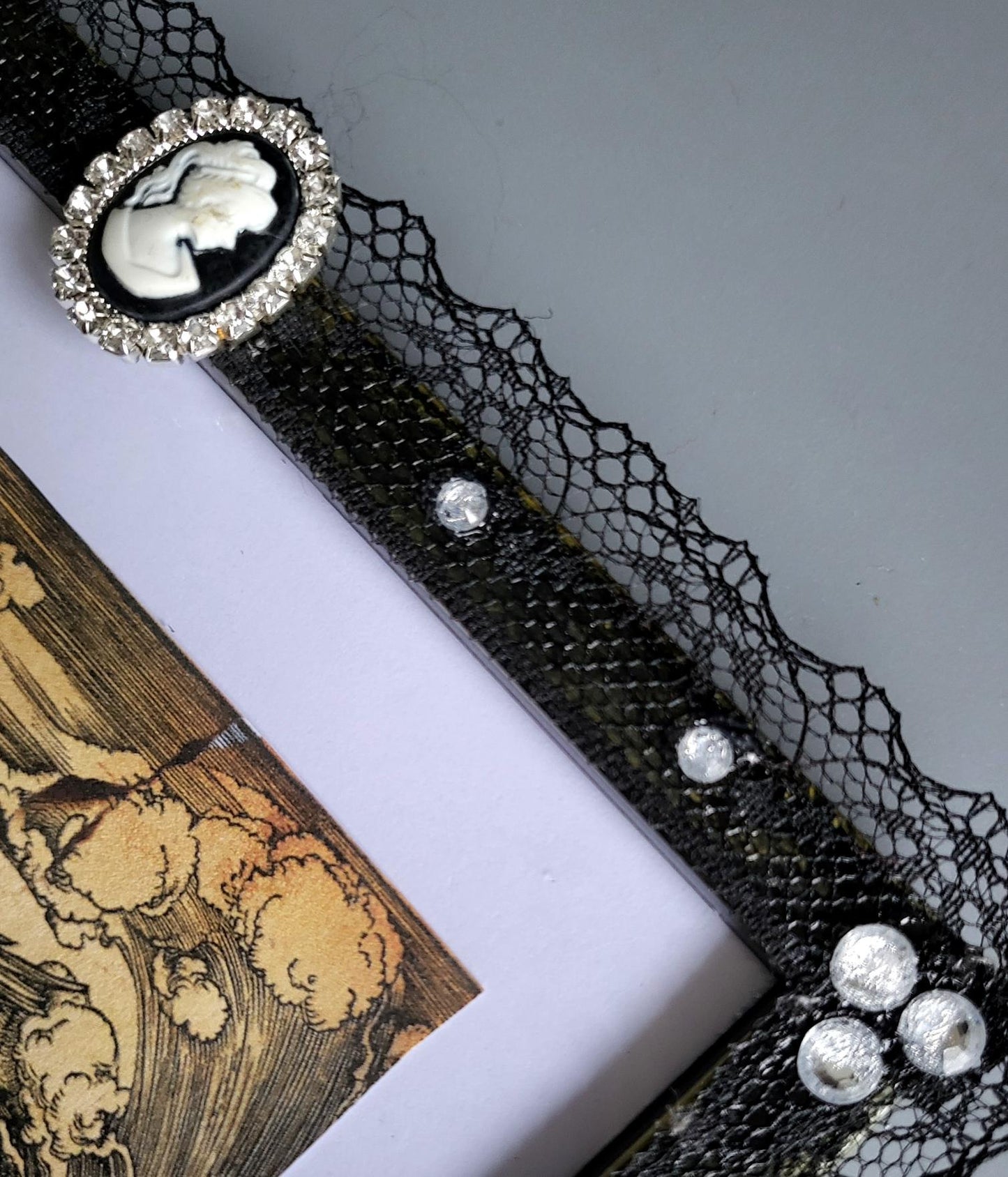 Picture Photo Frame OOAK Handpainted Black Lace Covered With Cameo & Diamontes 7"x 9" Gothic Decor Homes Interiors Great Gift PF5