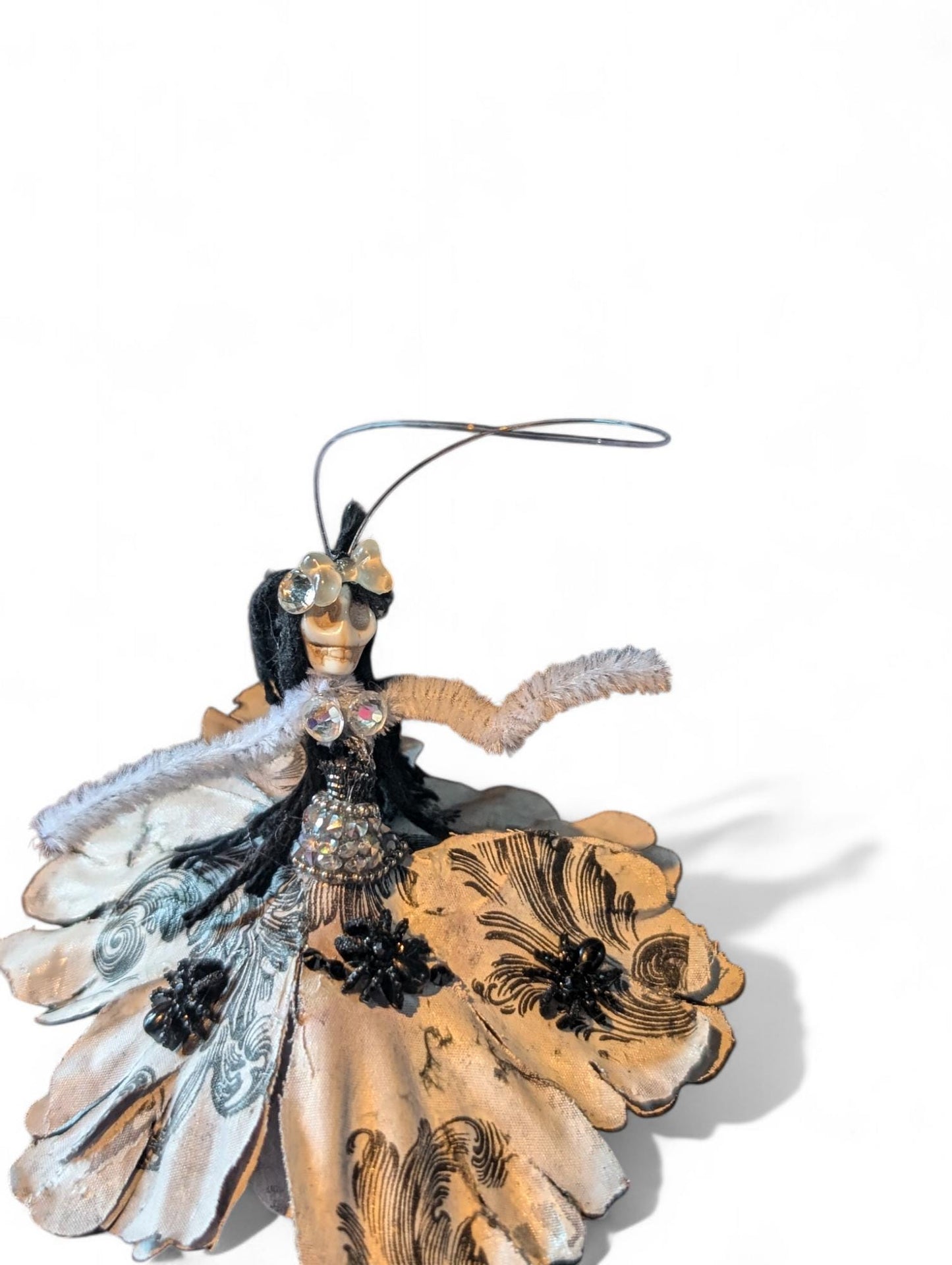 Handmade Creepy Goth Skeleton Christmas Ornament, Diamante Skull Decor
