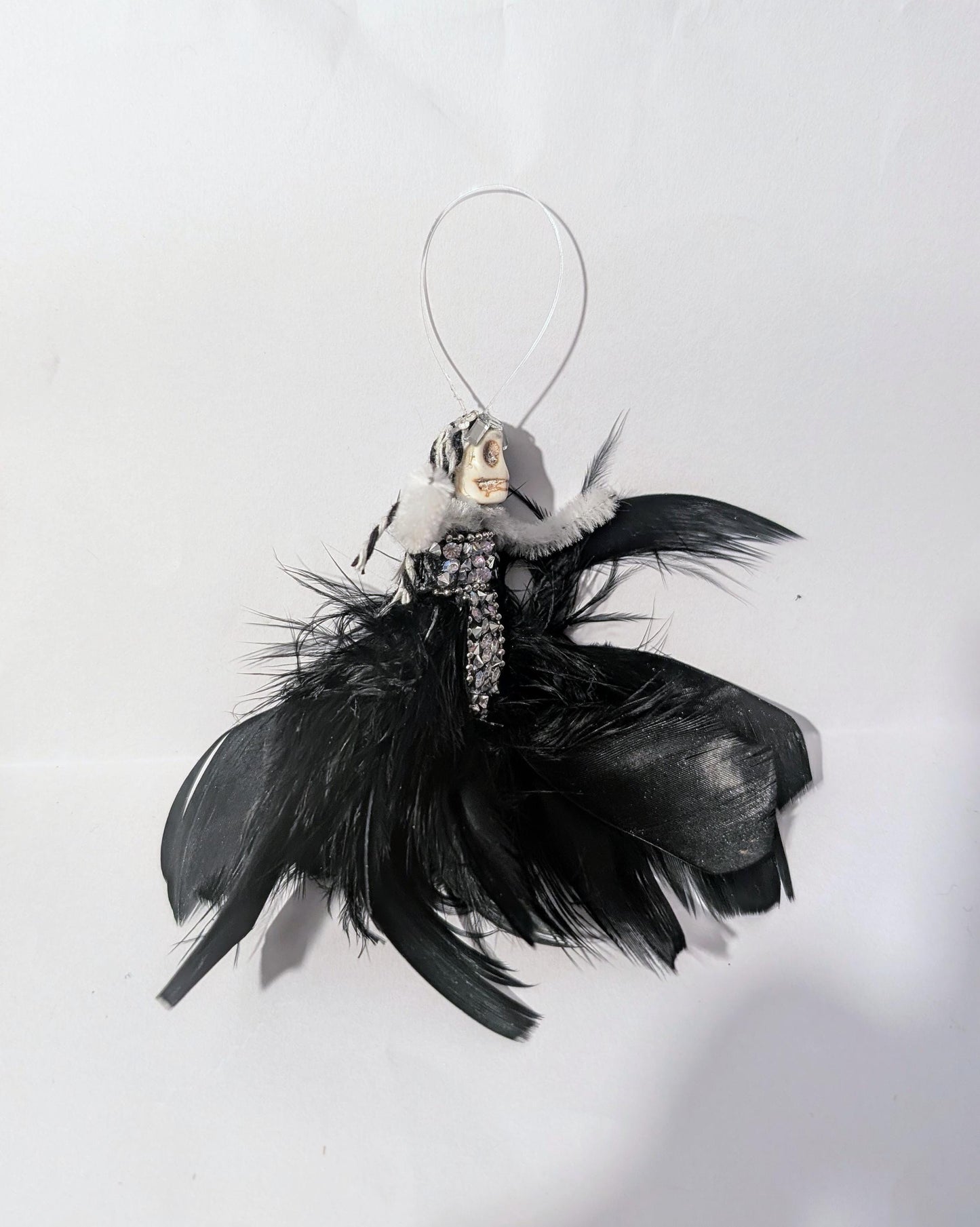 Handmade Creepy Goth Princess Skeleton Christmas decoration. Unique one off design. Skull diamantes black feathers Xmas keepsake gift