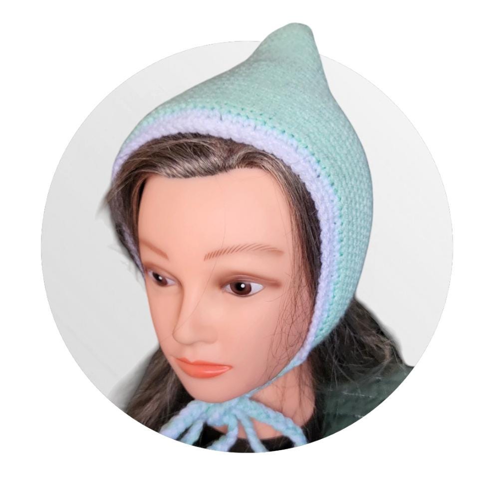 Knitted Forest Bonnet Handmade Pixie Bow Tie Hat Mint Green & White Adult Emo Goth Whimsy Elf Fairy Reenactment Winter Gift HT35