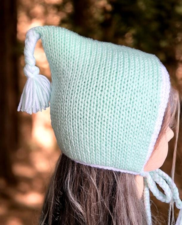 Knitted Forest Bonnet Handmade Pixie Bow Tie Hat Mint Green & White Adult Emo Goth Whimsy Elf Fairy Reenactment Winter Gift HT35