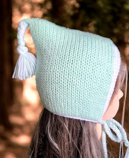 Knitted Forest Bonnet Handmade Pixie Bow Tie Hat Mint Green & White Adult Emo Goth Whimsy Elf Fairy Reenactment Winter Gift HT35