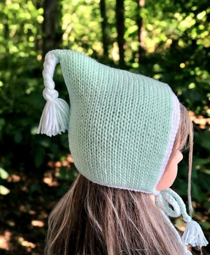 Knitted Forest Bonnet Handmade Pixie Bow Tie Hat Mint Green & White Adult Emo Goth Whimsy Elf Fairy Reenactment Winter Gift HT35