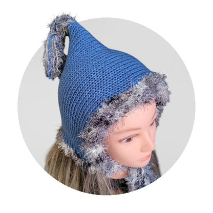 Knitted Forest Bonnet Handmade Pixie Bow Tie Hat Blue With Grey Faux Fur Trim Adult Emo Goth Whimsy Elf Fairy Reenactment Winter Gift HT36