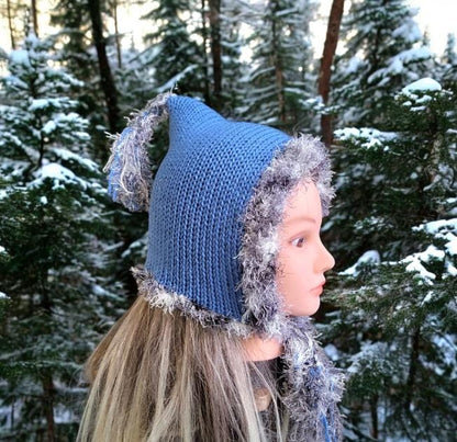 Knitted Forest Bonnet Handmade Pixie Bow Tie Hat Blue With Grey Faux Fur Trim Adult Emo Goth Whimsy Elf Fairy Reenactment Winter Gift HT36