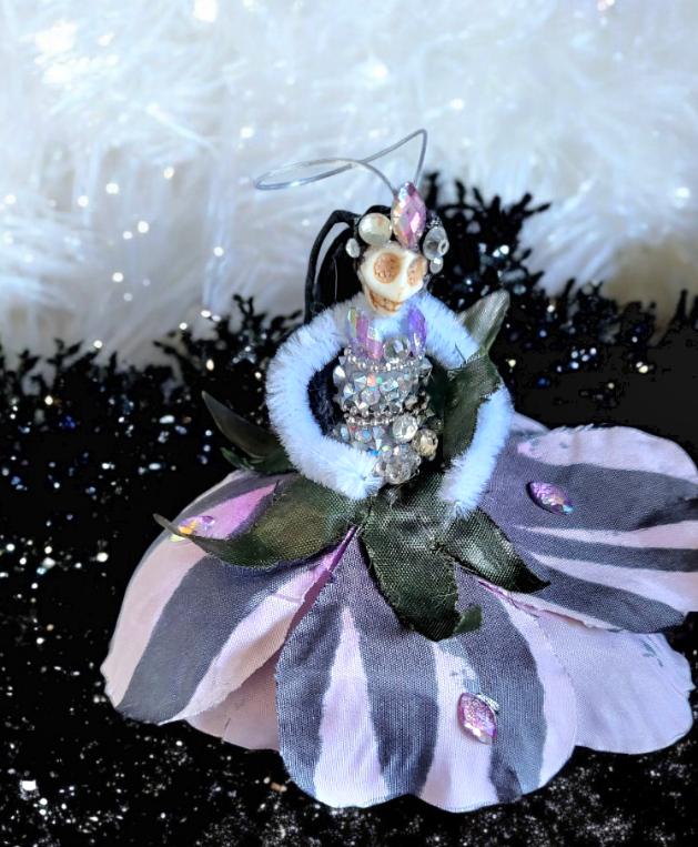 Handmade Creepy Goth Princess Skeleton Christmas Tree Hanging Decoration. OOAK. Skull Diamante Black Feathers Pink Xmas Keepsake Gift DEC2