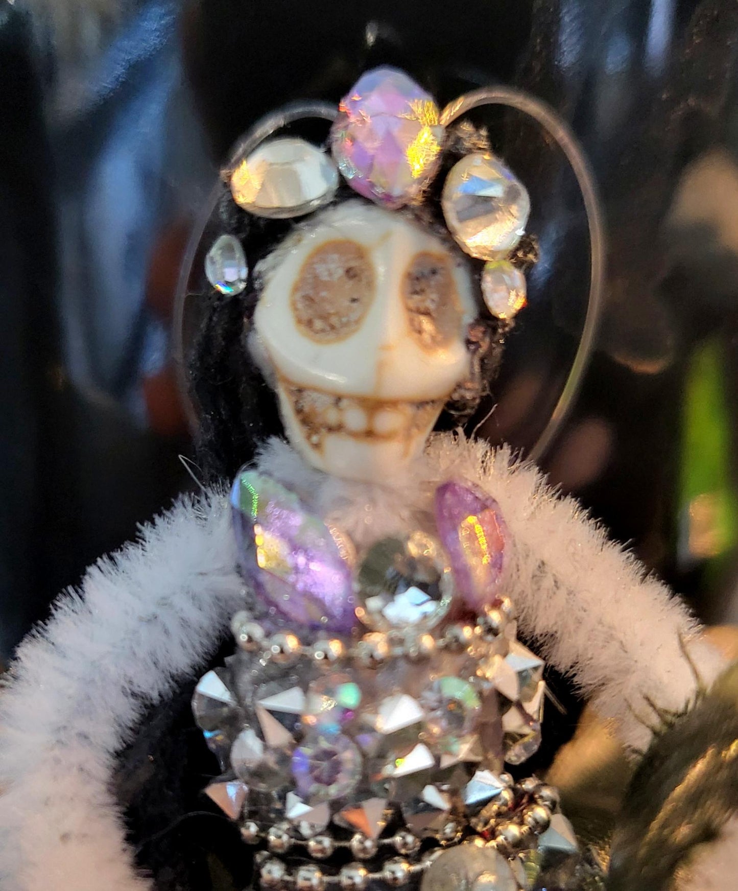 Handmade Creepy Goth Princess Skeleton Christmas Tree Hanging Decoration. OOAK. Skull Diamante Black Feathers Pink Xmas Keepsake Gift DEC2