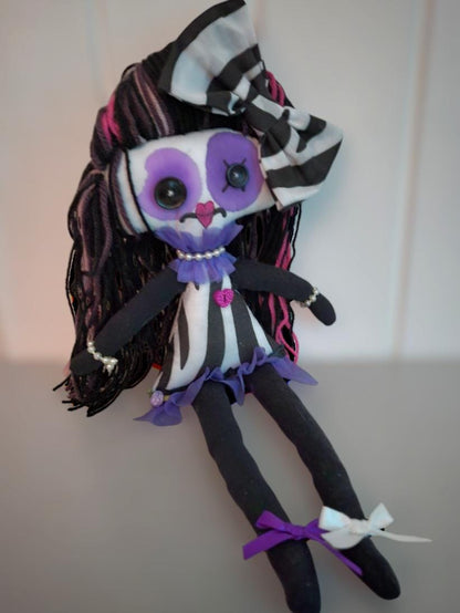 Handmade Gothic Art Doll 17" OOAK Weird Ragdoll Fantasy Creepy Button Eyes Black White Zebra & Purple Collectable Freaky Gift Spooky AD12