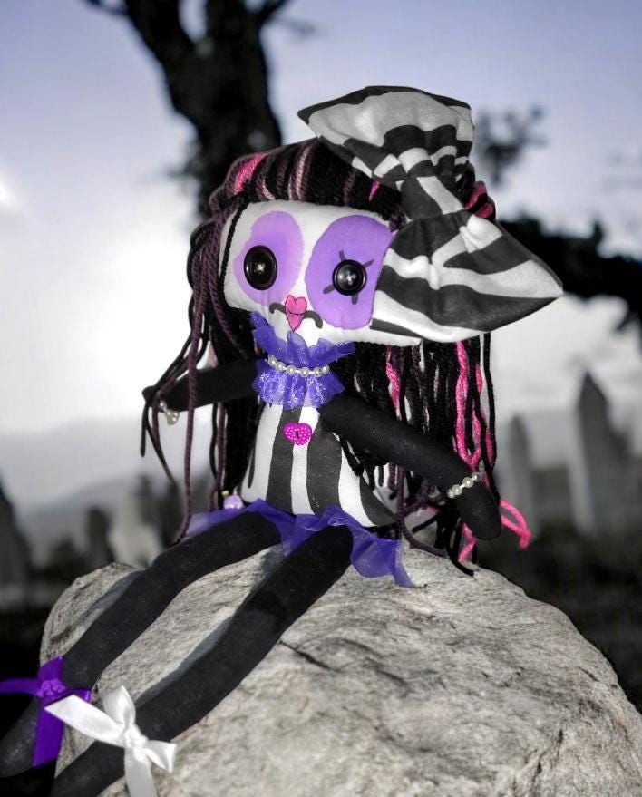 Handmade Gothic Art Doll 17" OOAK Weird Ragdoll Fantasy Creepy Button Eyes Black White Zebra & Purple Collectable Freaky Gift Spooky AD12