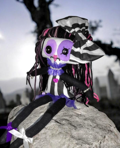Handmade Gothic Art Doll 17" OOAK Weird Ragdoll Fantasy Creepy Button Eyes Black White Zebra & Purple Collectable Freaky Gift Spooky AD12