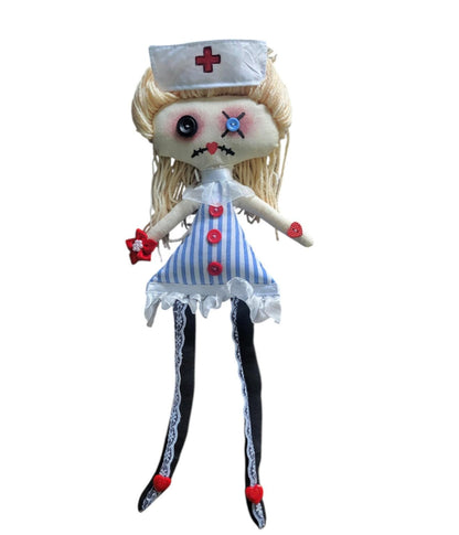 Handmade Gothic Art Doll Creepy Nurse 16" OOAK Weird Ragdoll Fantasy Button Eyes Blue White Red Collectable Freaky Gift Spooky AD13
