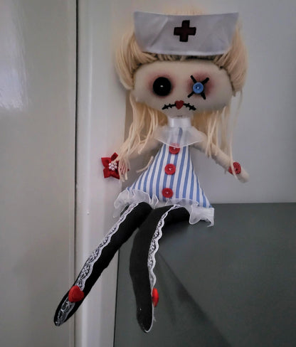 Handmade Gothic Art Doll Creepy Nurse 16" OOAK Weird Ragdoll Fantasy Button Eyes Blue White Red Collectable Freaky Gift Spooky AD13