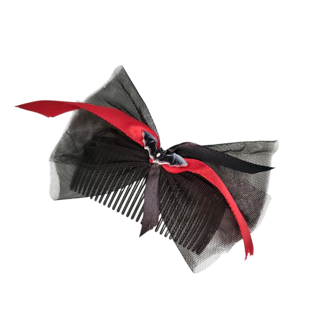 Gothic Bat Hair Bow - Black & Red Satin Ribbon, Handmade