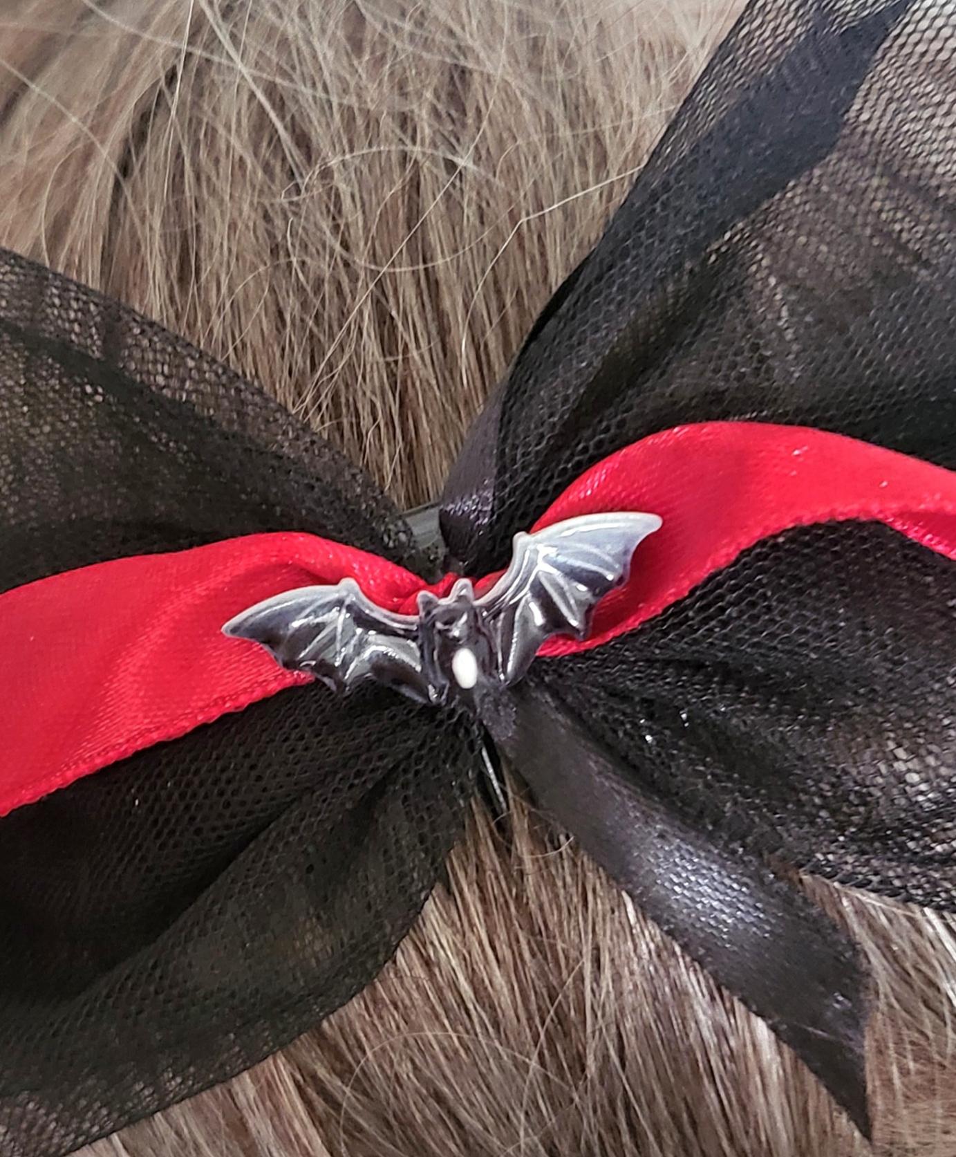 Gothic Bat Hair Bow - Black & Red Satin Ribbon, Handmade