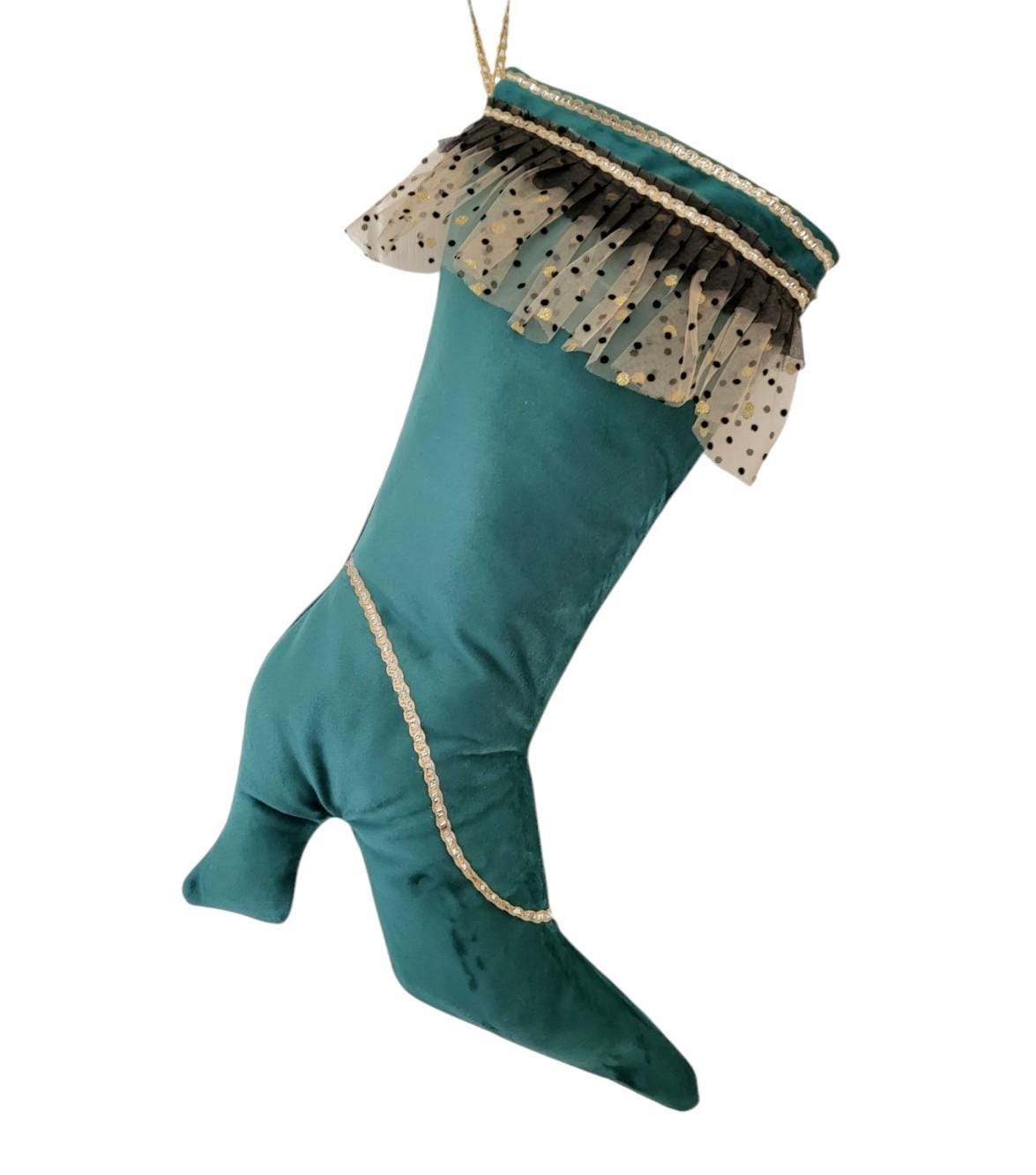 Green Velvet Stiletto Christmas Stocking, Holiday Decor (14 Inch)