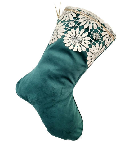 Green Velvet Christmas Stocking with Cream Lace
