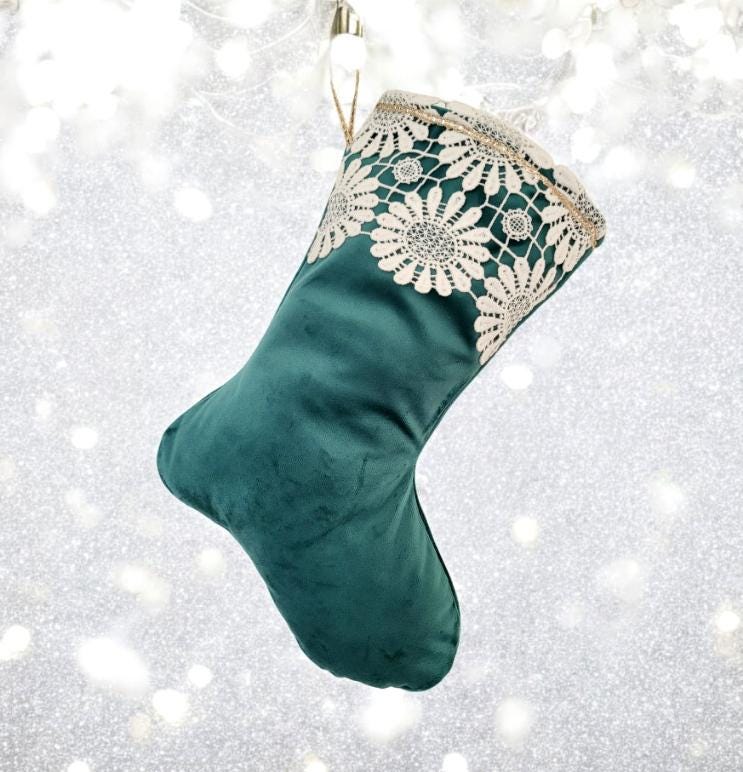 Green Velvet Christmas Stocking with Cream Lace