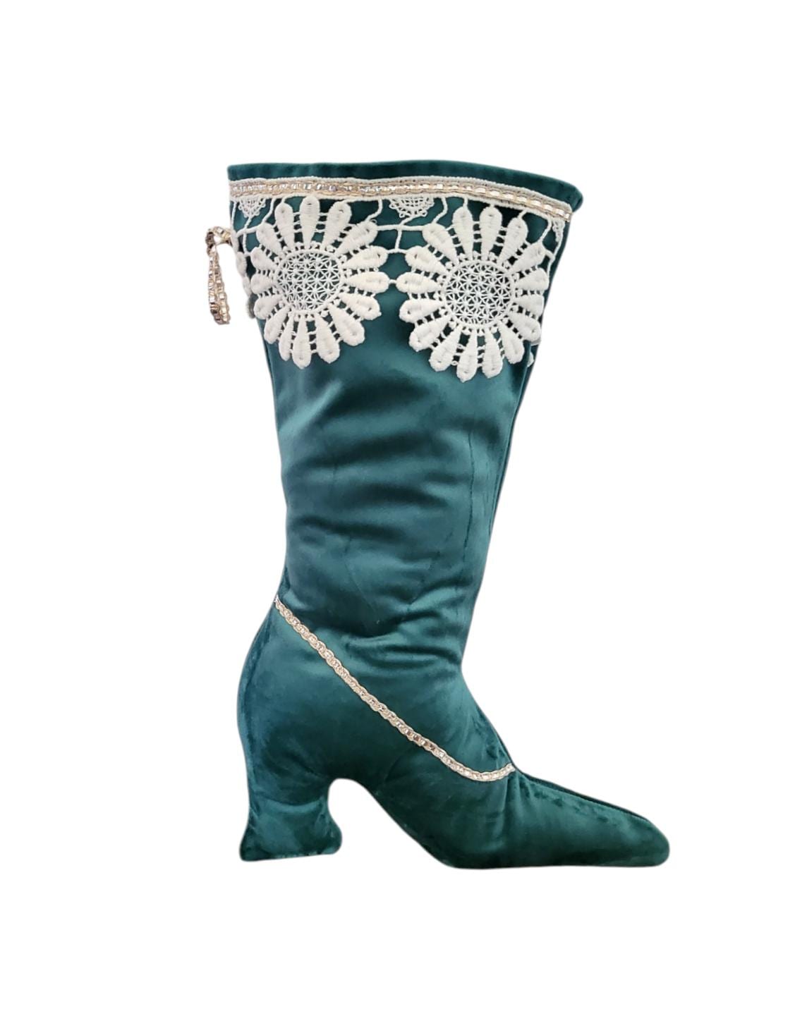 Green Velvet Stiletto Christmas Stocking, Lace Holiday Decor