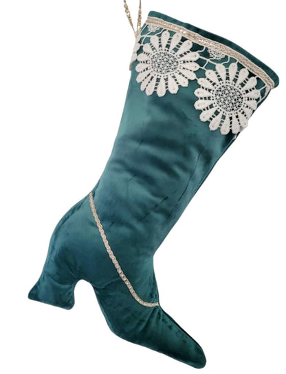 Green Velvet Stiletto Christmas Stocking, Lace Holiday Decor