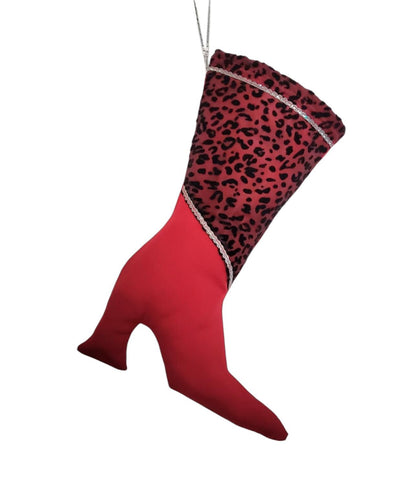 Stiletto Heel Christmas Stocking: Red & Black Velvet Leopard Print